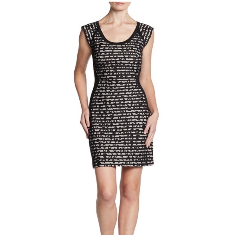 French Connection Womens Black White Textured Knit Sheath Dress Size 6 Zip Back
